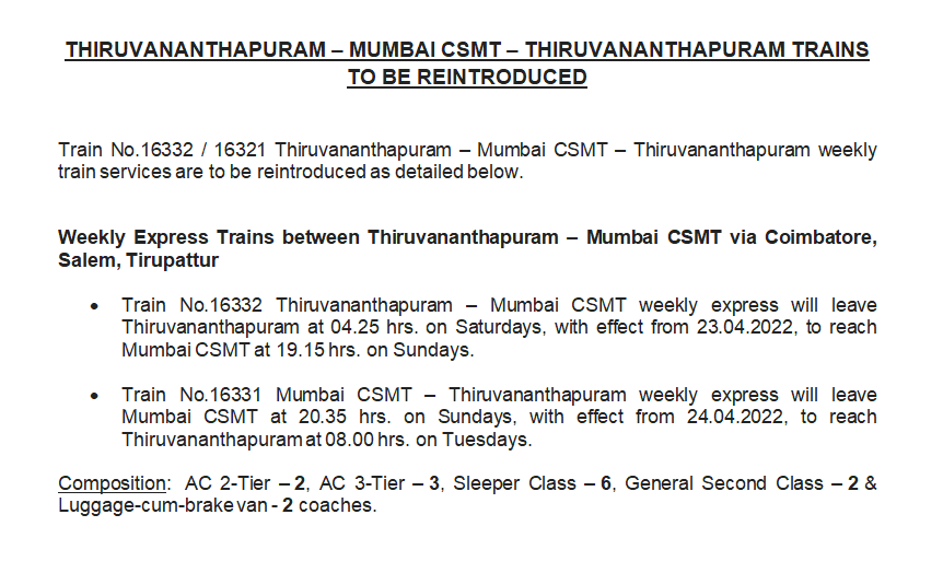 SalemDRM's tweet photo. Reintroduction of Train Services.

Weekly Train Services between Thiruvananthapuram - Mumbai CSMT 
via Podanur, Coimbatore, Tiruppur, Erode, Salem, Tirupattur.

@GMSRailway https://t.co/qBGfOqVpXo