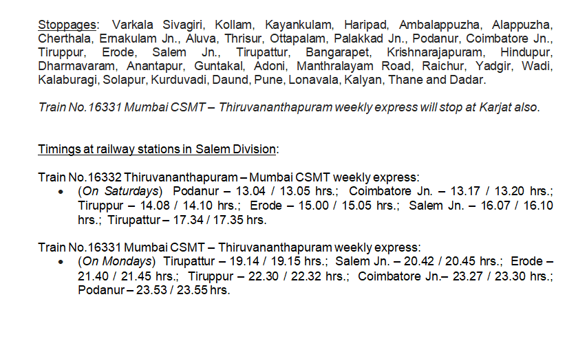 SalemDRM's tweet photo. Reintroduction of Train Services.

Weekly Train Services between Thiruvananthapuram - Mumbai CSMT 
via Podanur, Coimbatore, Tiruppur, Erode, Salem, Tirupattur.

@GMSRailway https://t.co/qBGfOqVpXo