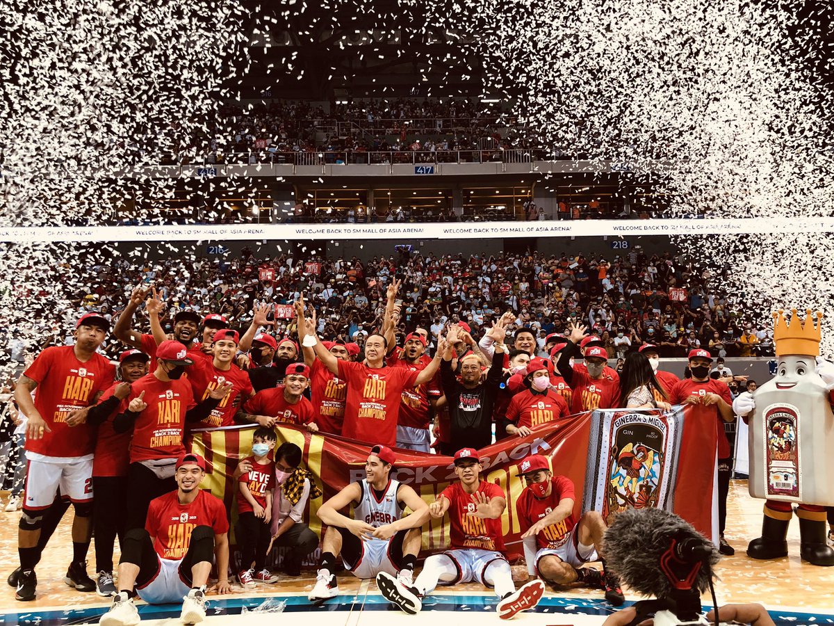 barangayginebra's tweet photo. BACK-TO-BACK CHAMPIONS! Congratulations, Barangay Ginebra! 

#PBAFinals #NeverSayDie #NSD #OneG1NEBRA https://t.co/8HElNDbivR