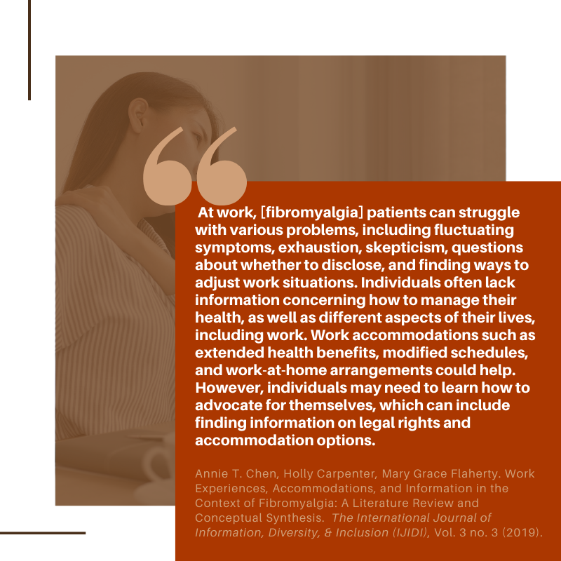 IJIDI1's tweet photo. Annie T. Chen, Holly Carpenter, &amp; Mary Grace Flaherty's discuss #ChronicIllness #InformationBehaviour #WorkAccommodations in "Work Experiences, #Accommodations, &amp; Information in the Context of #Fibromyalgia: A Literature Review &amp; Conceptual Synthesis"  https://t.co/JZyLHYWCwu https://t.co/XvmxkYq6se