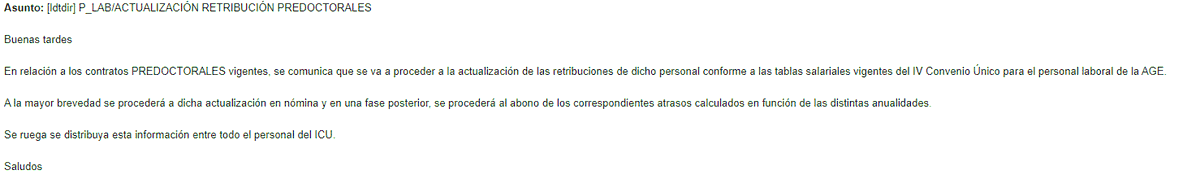 🔴IMPORTANTE🔴
Solo 2 días después del inicio d la campaña d demandas para reconocimiento de derechos, con el apoyo d la <a href="/RedDocs_CSIC/">Red Doctorand@s CSIC</a>, la SGARH da orden d la actualización salarial de todos los contratos predoctorales. 
Queda patente la importancia d ir junto a los sindicatos 1/