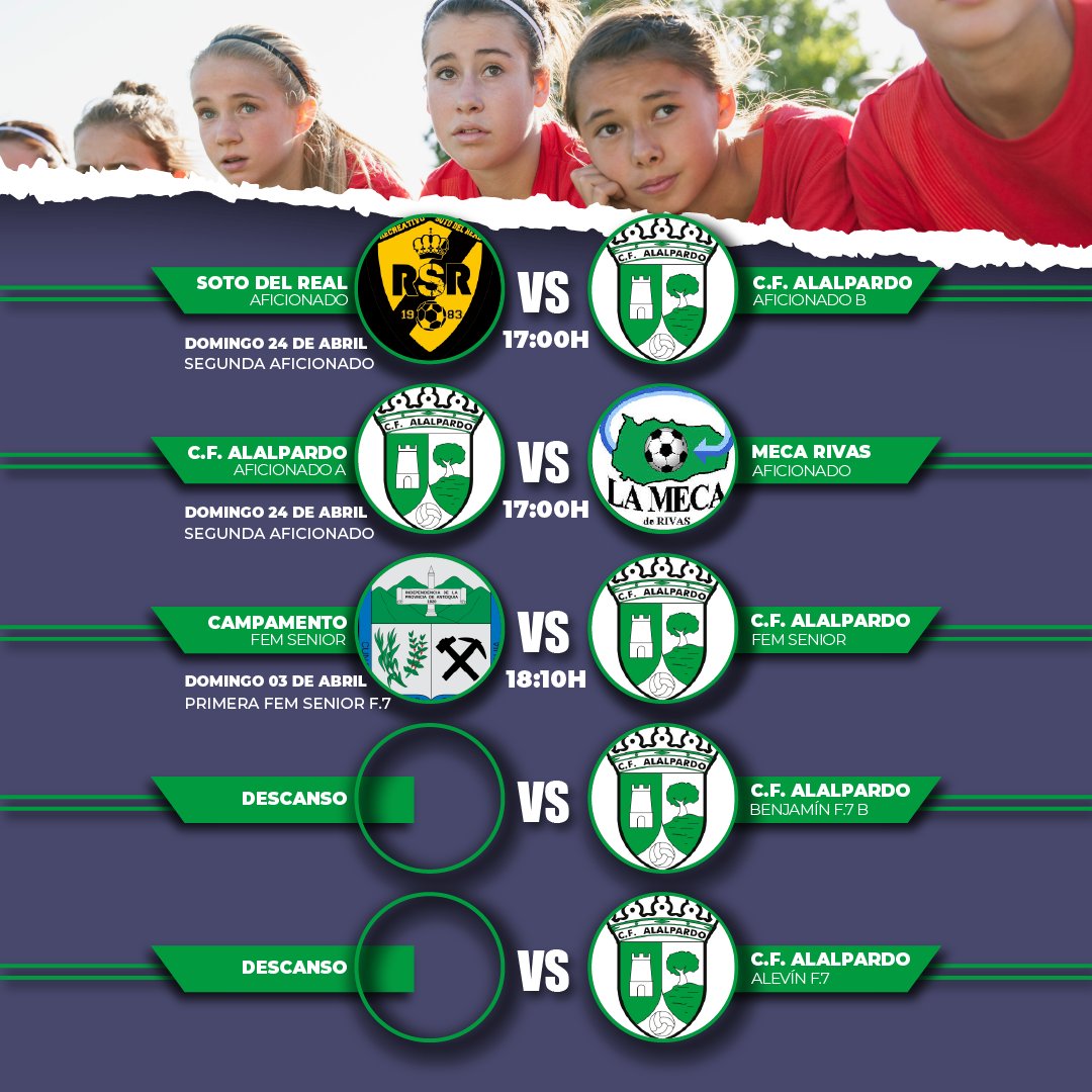 El buen tiempo todavía no ha vuelto... 🙄😪 ¡Pero el fútbol sí!

📅⏰ No te pierdas los horarios de los partidos de esta jornada 👇
#cfalalpardo #obligaciónporaprenderilusiónporganar