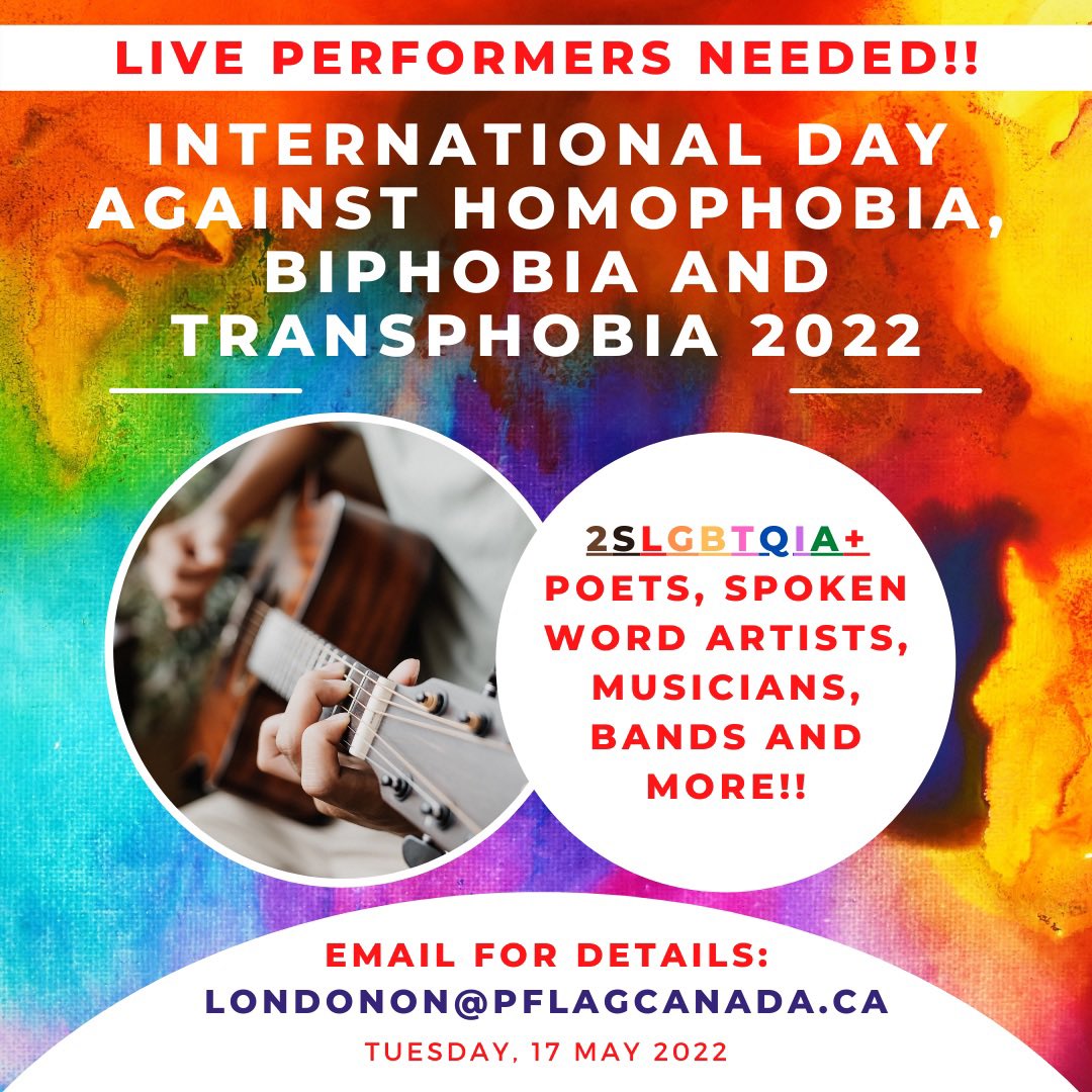 PflagLondonOnt's tweet photo. Looking for Performers!
Come out and share your talent for IDAHOT Live 2022!
Presented by PFLAG Canada - London On and Regional HIV/AIDS Connection! 
Singers, dancer, musicians, comics, poets… Come show London what our amazing community is made of!
#PflagLondon #RHAC #IDAHOT https://t.co/TiaC9KUUNu