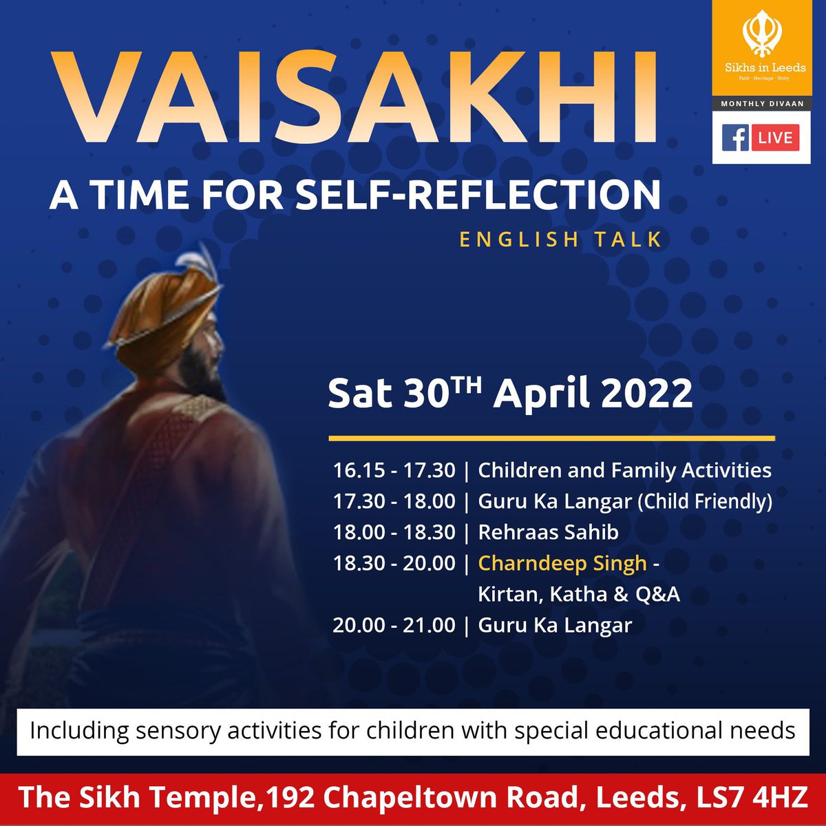 This month we will discuss the events of Vaisakhi and reflect upon how we can improve ourselves.  We will ponder the question… Am I worthy of Guru Jis love? How can I become worthy? The discussions will be in English along with Kirtan. 

#sikhsinleeds #Sikhallianceyokrshire https://t.co/0gre4ofcuj