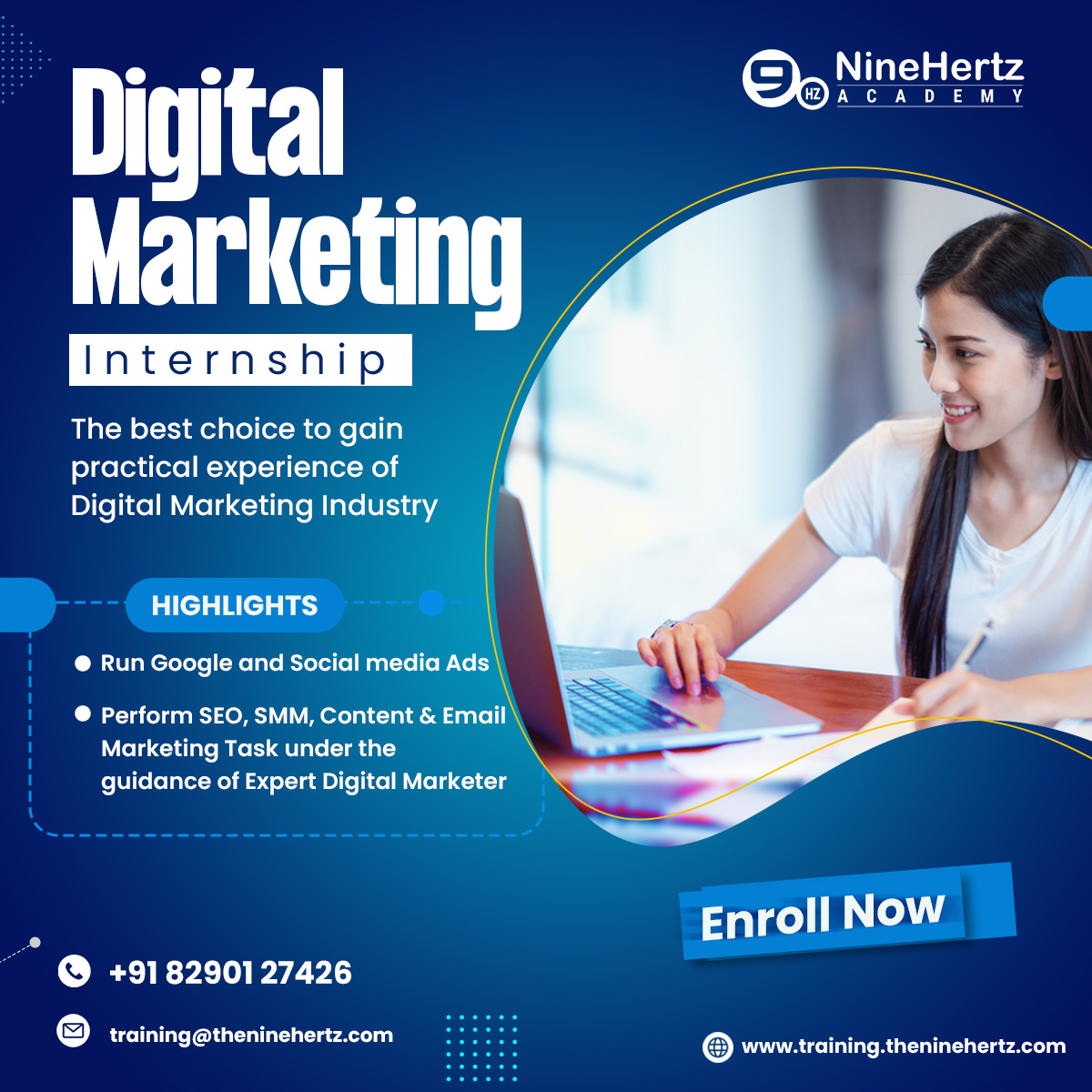 Ninehertzacade2's tweet photo. 17:13
Are you looking for an internship to gain practical experience in the Digital Marketing industry? 
Then NineHertz Is Right Place for you to learn digital marketing 
Enroll Now:-https://t.co/D4p9LUuKsy
#digitalmarketing #digitalmarketinginternship #fresher #internship https://t.co/rNHNUyPAtB