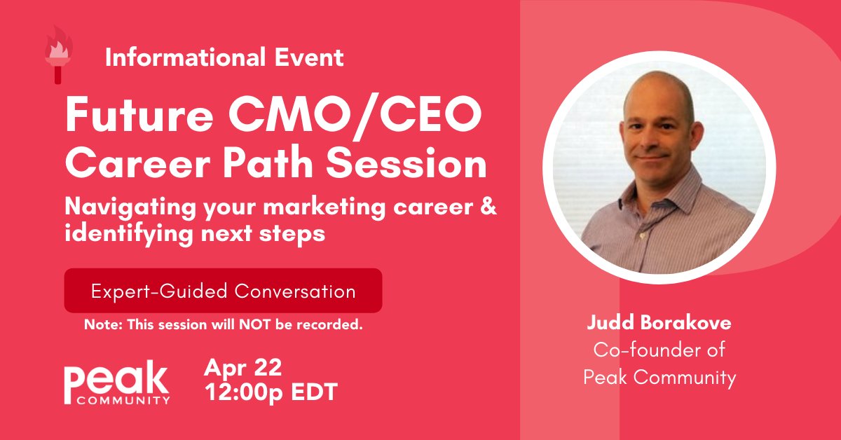 peak_community_'s tweet photo. Peak Members - a super Friday Special Event! Join Judd Borakove at 12p EDT today for “Future CMO/CEO Career Path Session: Navigating your marketing career and identifying next steps”! RSVP at Peak Events (https://t.co/mi6t8lXh1l) #peakcommunity #marketing https://t.co/BL9hv9wRDf