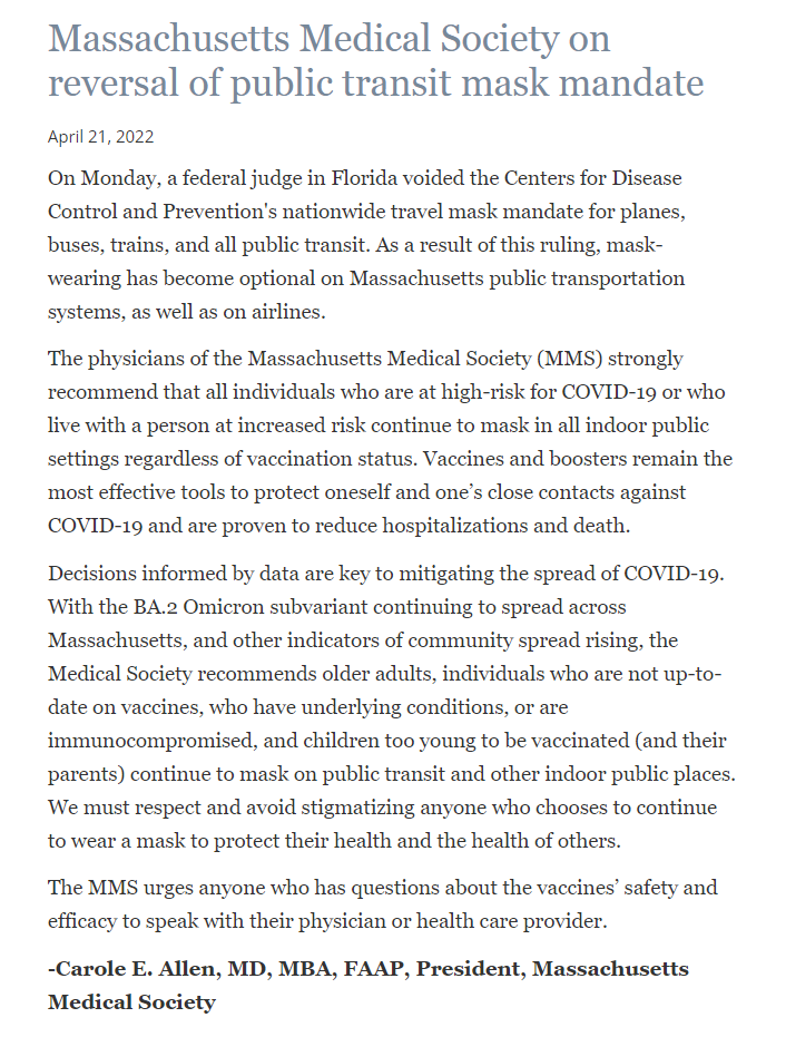 MassMedical's tweet photo. "The physicians of the MMS strongly recommend that all individuals who are at high-risk for COVID-19 or who live with a person at increased risk continue to mask in all indoor public settings." -@MMS_President @drcarolea
Full statement: https://t.co/k4SEep7Jcy https://t.co/IMIeTHVXAa