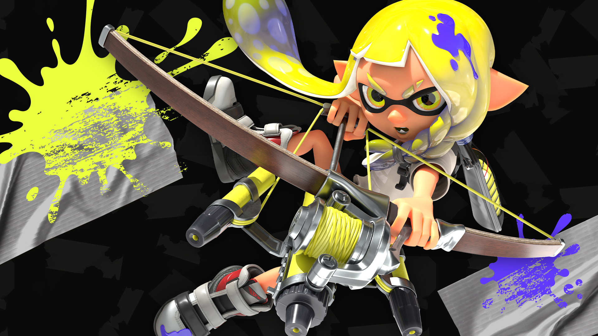 Splatoon スプラトゥーン 既に確認されている弓のような新しいタイプのブキは ストリンガー と呼ばれることが判明した Zrボタンで弦を引き絞り 離すと複数のインクを同時に発射するようだ 地上では ヨコ射ち 空中では タテ射ち とブキを