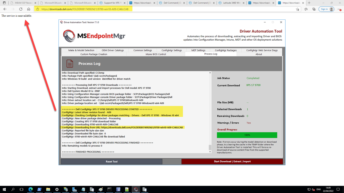 modaly_it's tweet photo. @Dell it looks like your Configuration Manager driver package source is somewhat broken at present. A couple of examples. "Service Unavailable" or "Gateway Timeout" from direct links on your own site also (https://t.co/Q1rWYxcX5x) #Dell #MEMCM https://t.co/6a54FMsJAt