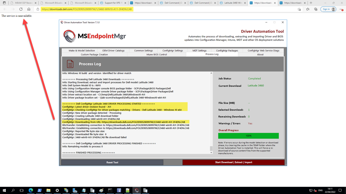 modaly_it's tweet photo. @Dell it looks like your Configuration Manager driver package source is somewhat broken at present. A couple of examples. "Service Unavailable" or "Gateway Timeout" from direct links on your own site also (https://t.co/Q1rWYxcX5x) #Dell #MEMCM https://t.co/6a54FMsJAt