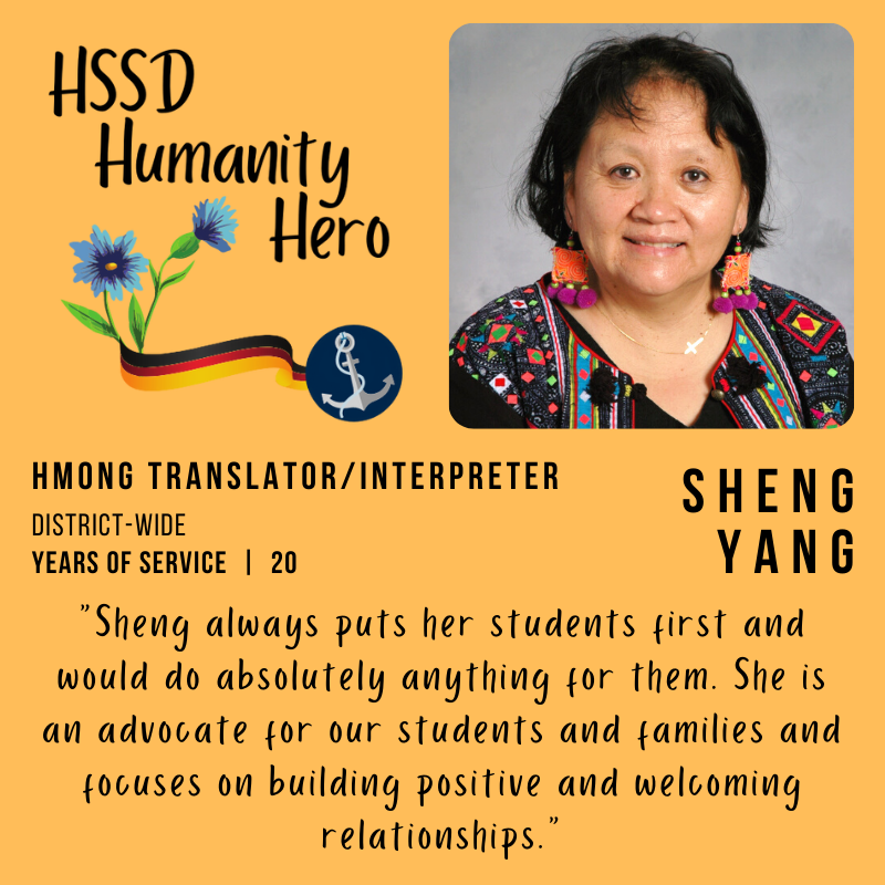 HSSD's tweet photo. Sheng Yang, District-Wide Hmong Interpreter/Translator, was recently recognized as the Humanity Hero in The Compass, our eNewsletters for families and staff. #BringHumanityBack https://t.co/yBZmzG3IqK