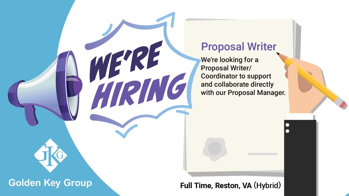 GoldenKeyGroup's tweet photo. Our #proposal team is growing! We are #hiring a Proposal Writer/Coordinator. Join a team that embraces all the qualities of a family, plus provides professional development & career growth: https://t.co/66YiJDnbDX
#ProposalJobs #ProposalWriting #ProposalCoordinator #DMVjobs https://t.co/0PLjzVOvMj