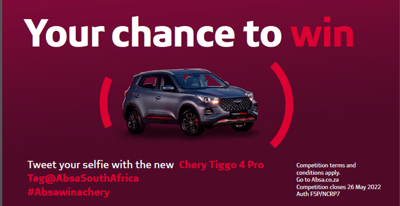 AbsaSouthAfrica's tweet photo. Stand a chance to win a Chery Tiggo 4 with Absa!

To enter, take a picture with the new Chery Tiggo 4 at any Chery dealership and post your pic by tagging @AbsaSouthAfrica and using #AbsaWinAChery 🚘

T&amp;Cs apply. https://t.co/C1euno12lj