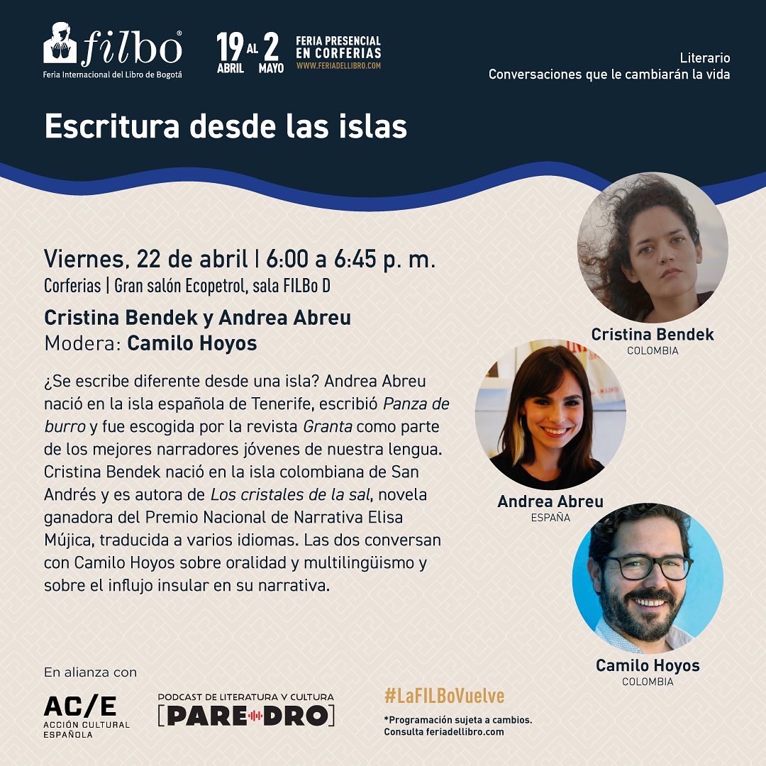 macondolit's tweet photo. Hoy a las 6:00 p.m., en el marco de la FilBo 2022, se realizará el conversatorio "Escritura desde las islas", con la participación de Cristina Bendek, Andrea Abreu y Camilo Hoyos.

#FILBo2022 #FILBo https://t.co/m5rrjLEsQ7