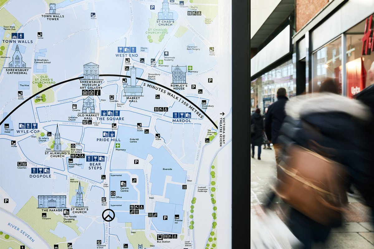 City_ID's tweet photo. Happy to see so many visitors using our latest #wayfinding system in #Shrewsbury over the Easter break. Reflecting the town's charm &amp; confidence, strengthening #senseofplace and revealing attractions. More goodies coming soon! Congrats @ShrewsburyBID @ShropCouncil https://t.co/uH3cHS7tKz