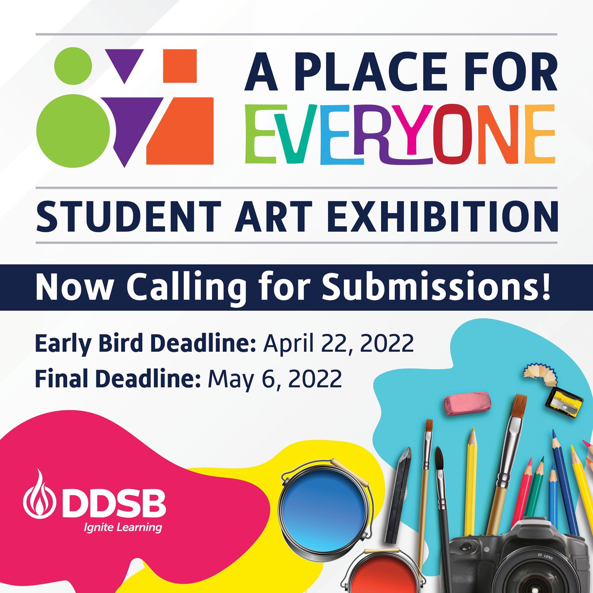 DDSB Innovative Education (@ddsbinnovation) on Twitter photo We have some amazing artists in <a href="/DDSBSchools/">Durham District School Board (DDSB)</a>. We can't wait to see what they create!
---
DDSB's inaugural 🎨Student Artwork Exhibition 🖼️ is opening the week of June 20, 2022.
💡Theme: #DDSBaPlaceForEveryone
⏰Submissions due May 6.
More details here: bit.ly/DDSBStudentArt We have some amazing artists in <a href="/DDSBSchools/">Durham District School Board (DDSB)</a>. We can't wait to see what they create!
---
DDSB's inaugural 🎨Student Artwork Exhibition 🖼️ is opening the week of June 20, 2022.
💡Theme: #DDSBaPlaceForEveryone
⏰Submissions due May 6.
More details here: bit.ly/DDSBStudentArt