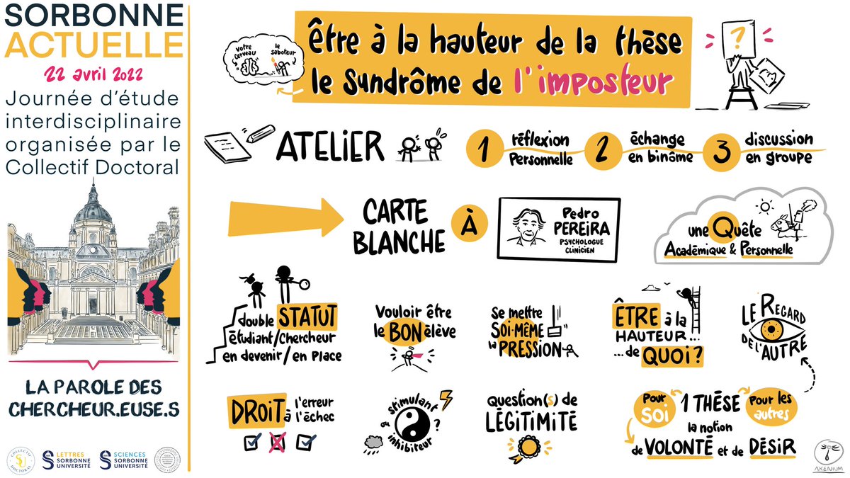 Synthèse graphique de l'atelier Syndrome de l'imposteur, avec Pedro Pereira, psychologue clinicien à <a href="/SIUMPPS_SU/">SUMPPS-SU</a>
 #SorbonneActuelle2022