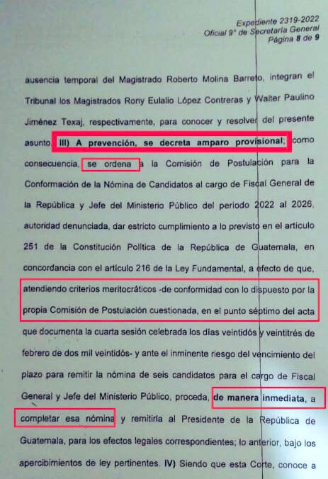 #ULTIMAHORA @CC_Guatemala decreta #AMPAROPROVISIONAL a prevención a efecto de que la Comisión de Postulación para Elección de Fiscal General integre nómina de 6 candidatos tomando en cuenta meritocracia y asi se envíe la nómina al presidente dentro del plazo constitucional.