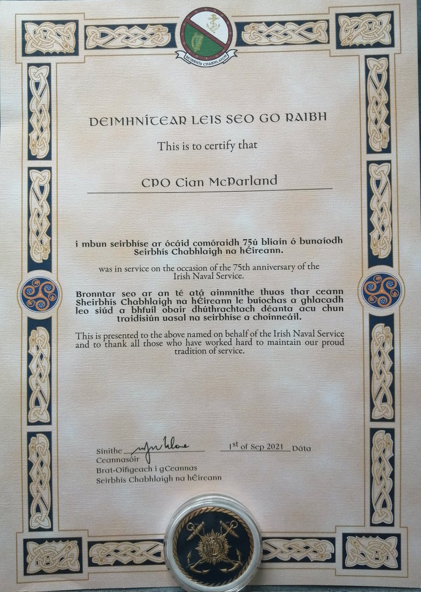 cian_mcparland's tweet photo. Nice to receive a certificate and coin to celebrate #navy75 which took place last September. Every serving member of the Navy received one. The Navy is now recruiting at https://t.co/pNF2nDzbG4 #bethebest #strengthenthenation https://t.co/F5MGMGnrMA