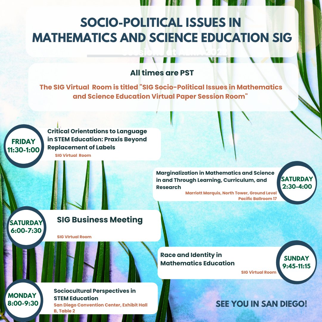 #AERA22 is here! Welcome to sunny San Diego! This is our SIG's first year with a program and we are excited about the sessions we are offering be sure to check them out and to join us at the business meeting on Saturday.