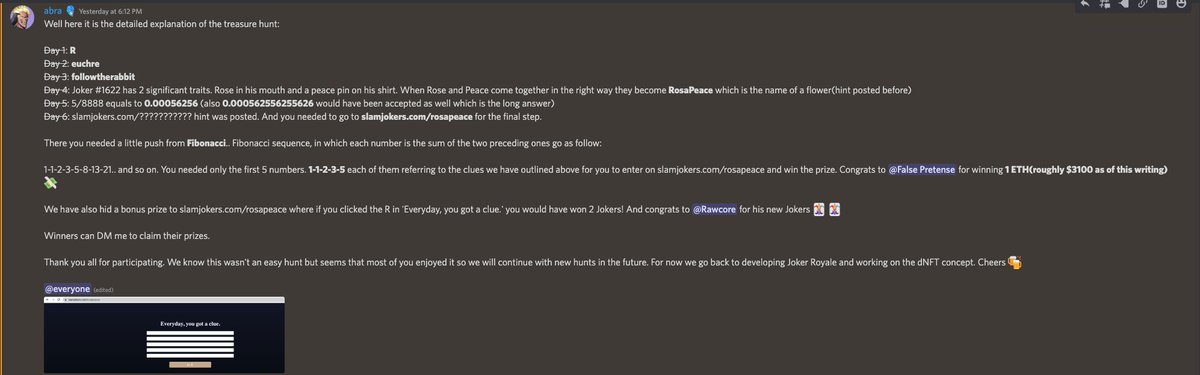 Also congrats to Rawcore and False Pretense, the successful mystery solvers of our Treasure Hunt.

They’ve been handed over their Jokers and ETH on our Discord, come hang out discord.com/invite/slamjok…