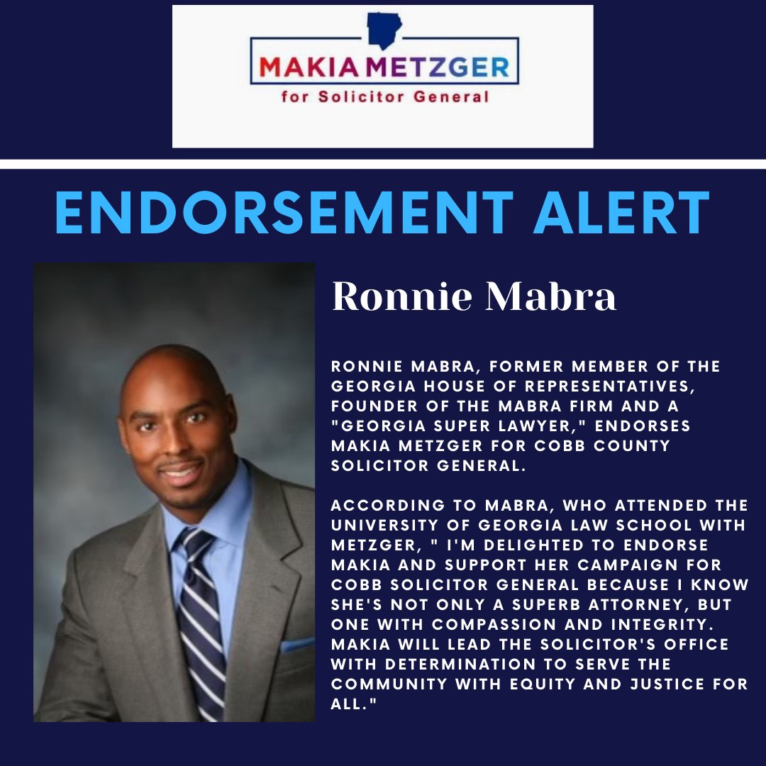 I’m grateful to have the support of Ronnie Mabra, an outstanding attorney and public servant with a commitment to serving his state and community. #makiaforcobb #gapol