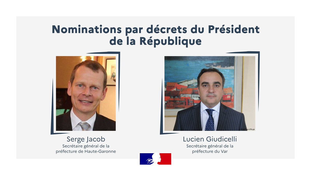 Prefet83's tweet photo. #Nomination | 📌 Serge Jacob, secrétaire général de la préfecture du #Var, est nommé secrétaire général de la préfecture de la Haute-Garonne.
📌 Lucien Giudicelli, actuel sous-préfet de Saint-Pierre de La Réunion est nommé secrétaire général de la préfecture du Var. https://t.co/p7jZn4oxkT