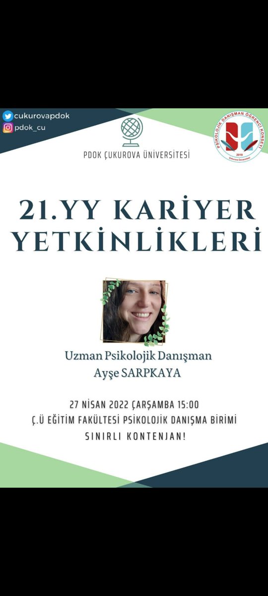 cukurovapdok's tweet photo. Merhaba Psikolojik Danışma ve Rehberlik öğrencileri 💫
Çukurova PDOK olarak yepyeni bir etkinliğimizle sizlerleyiz 
Uzm. Psikolojik Danışman Ayşe Sarpkaya hocamızla gerçekleştireceğimiz 21. yüzyıl Kariyer Yetkinlikleri Atölyesine şimdiden yerinizi ayırtmayı unutmayın 🌟💫 https://t.co/ra957Q9WNF