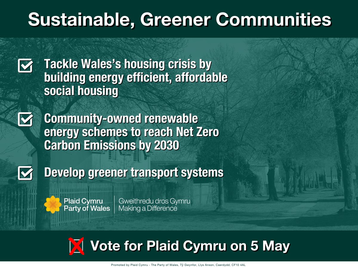 ✅Tackling Wales' housing crisis
✅Harnessing Wales’s potential for renewable, community owned energy schemes
✅Developing greener transport systems

🗳️A vote for Plaid Cymru on 5 May is a vote for a sustainable, greener future.🏴󠁧󠁢󠁷󠁬󠁳󠁿💚