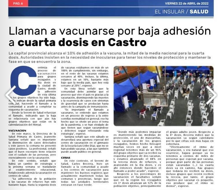 seremisalud10's tweet photo. [Prensa] 🗞"Llaman a vacunarse por baja adhesión a cuarta dosis en Castro" destaca en su edición de hoy #ElInsular

🔹 La capital provincial alcanza el 10% de adhesión a la vacuna

#SeguimosCuidándonos https://t.co/Jww6s9zqUh