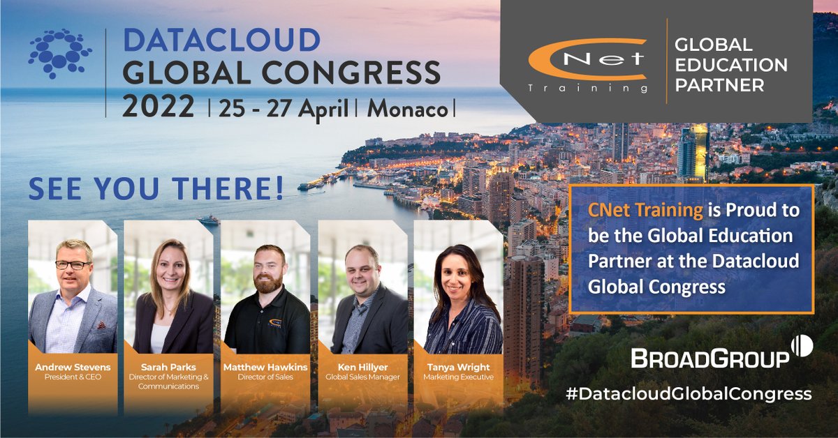 CNettraining's tweet photo. @CNettraining’s, @roostevens , Sarah Parks, Matthew Hawkins, Ken Hillyer and Tanya Wright will be at #DatacloudGlobalCongress, in Monaco from Monday - give them a shout if you would like to arrange a catch-up with them there.

#datacloudglobal #broadgroup #cnettraining https://t.co/dbyqB16eSX