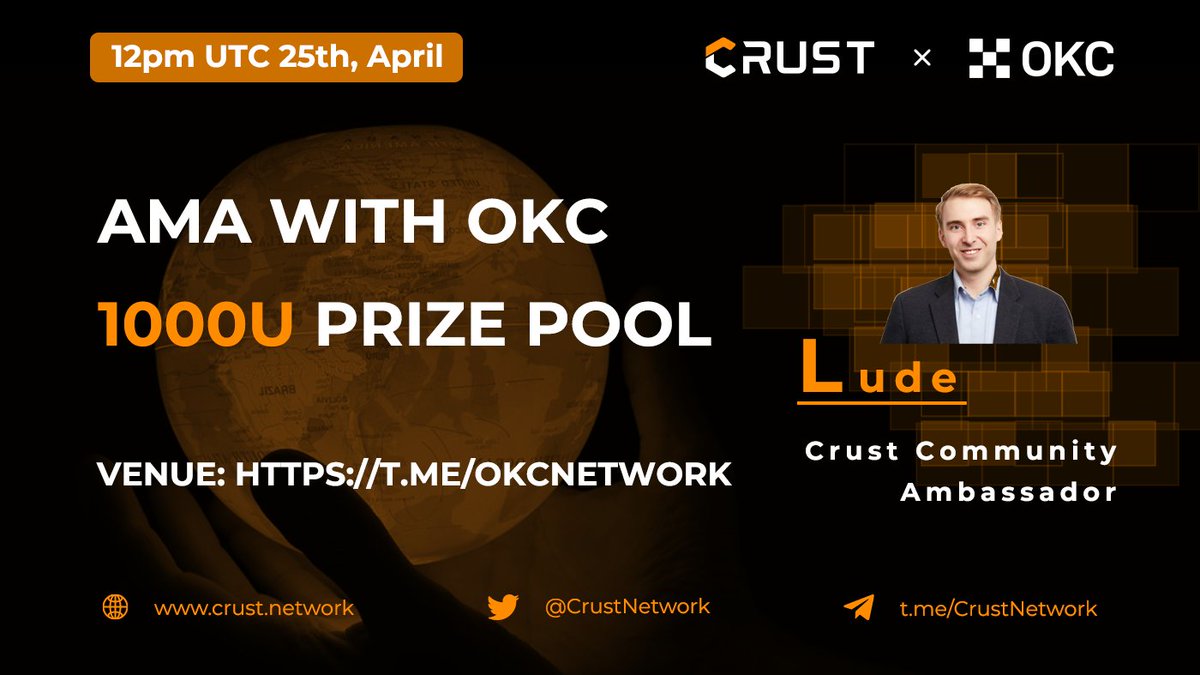 🥳Crust AMA with <a href="/OKCNetwork/">OKT Chain ⚛🕸</a> 

⏰Date: April 25, 12PM UTC
💸REWARD: 1000 USDT + 50 Crust Files whitelists
🗨Venue: t.me/OKCNetwork

1⃣ Like, RT and tag 3 friends 
2⃣ Complete all the missions in this form: giv.gg/yMWswT
3️⃣ Ask a question👇

 #Web3 Storage  #OKC