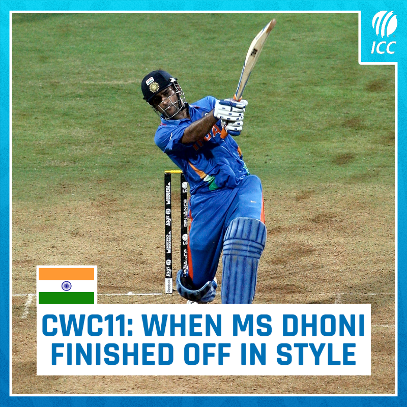 ICC's tweet photo. MS Dhoni finishes off in style, yet again 🤩

As MSD rolled back the clock in the IPL, we take a trip down memory lane to the night when he did it on the grandest stage – the 2011 @cricketworldcup Final 💥

Five times Dhoni finished the job 👉 https://t.co/LewGEp8zfm
