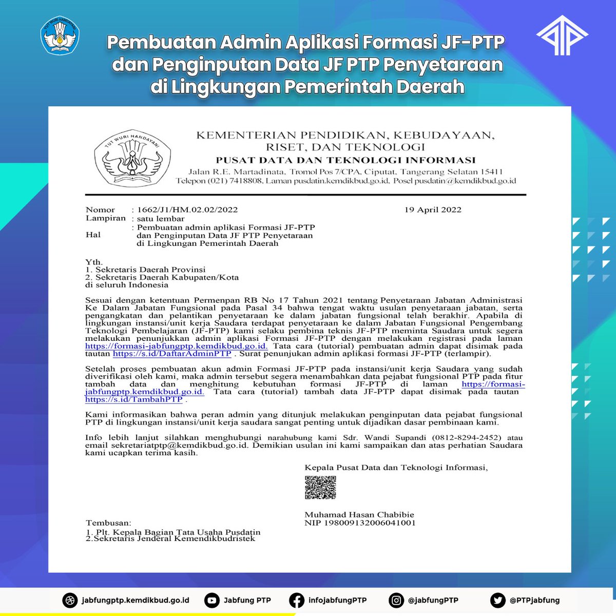 PTPJabfung's tweet photo. Pastikan semua Pejabat Fungsional Pengembang Teknologi Pembelajaran di lingkungan kerja Saudara sudah terdaftar pada laman https://t.co/HoLKftRJUF.
.
#adminjabfungptp https://t.co/ctNE5P6yJl