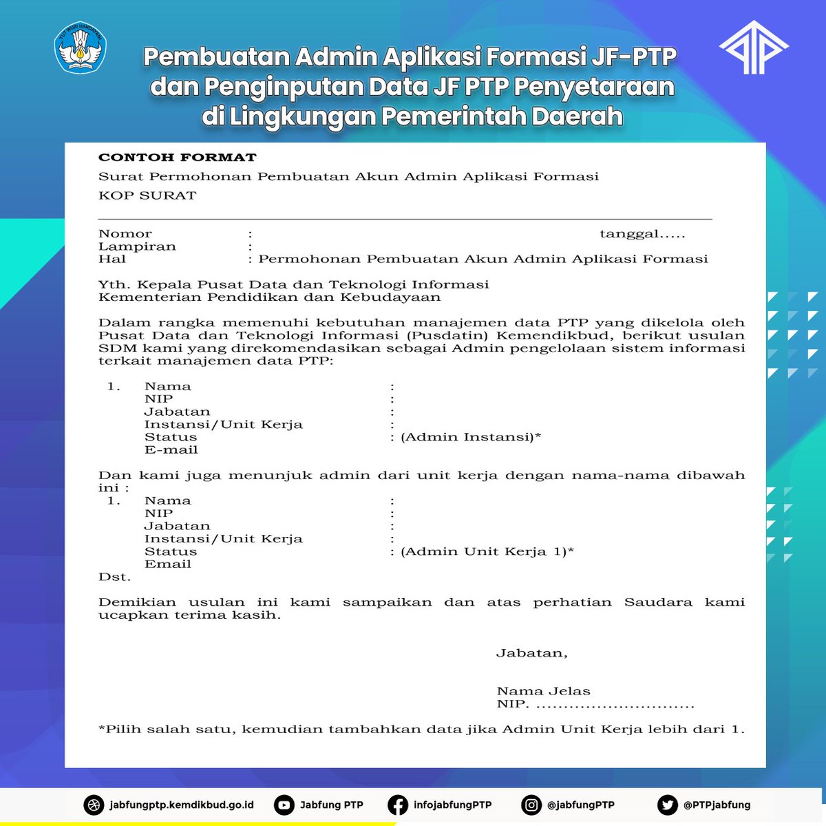 PTPJabfung's tweet photo. Pastikan semua Pejabat Fungsional Pengembang Teknologi Pembelajaran di lingkungan kerja Saudara sudah terdaftar pada laman https://t.co/HoLKftRJUF.
.
#adminjabfungptp https://t.co/ctNE5P6yJl