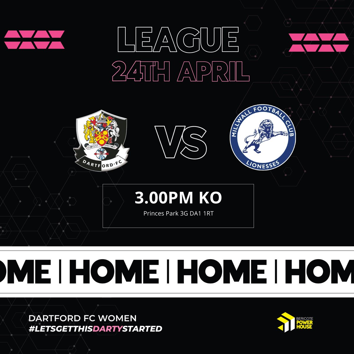 DartfordFCWomen's tweet photo. This Sunday we have our final league game of the season. We play at home to
π @Millwall_LFC
π 24 April
π Bericote PowerHouse Princes Park 3G
β° 3.00 KO
π Donation would be widely appreciated!
Letβs get another big crowd out on the 3G!
#letsgetthisdartystarted https://t.co/mc5Dgrqn6V