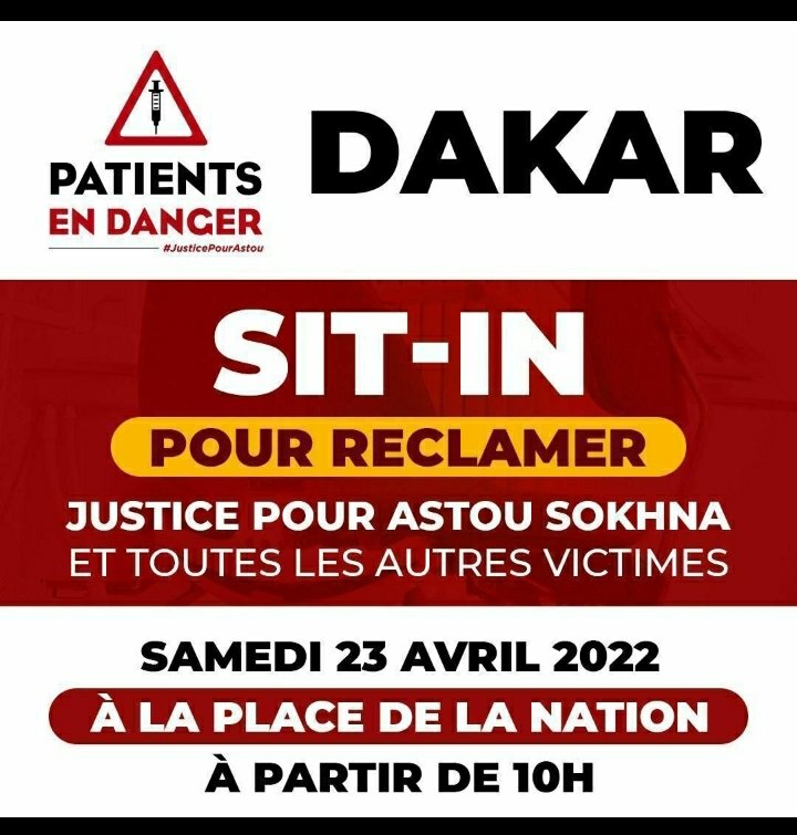 Tous au sit-in samedi 24 avril à 10h à la place de la Nation pour faire du bon #accueil des malades une réalité dans les structures de #santé au #Sénégal. 
#kebetu #Astousokhna #unfpa #justicePourAstou  #patientendanger 😷🤒🤕🤱🏿🤰🏾🤰🏿