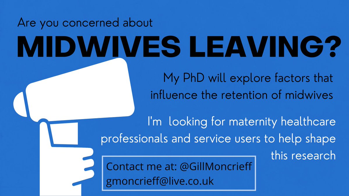 I'm looking for service users and maternity healthcare professionals to help shape my PhD research, looking into factors that influence midwifery retention. Please reply below or contact me if you would be interested in joining the PPI group for this research