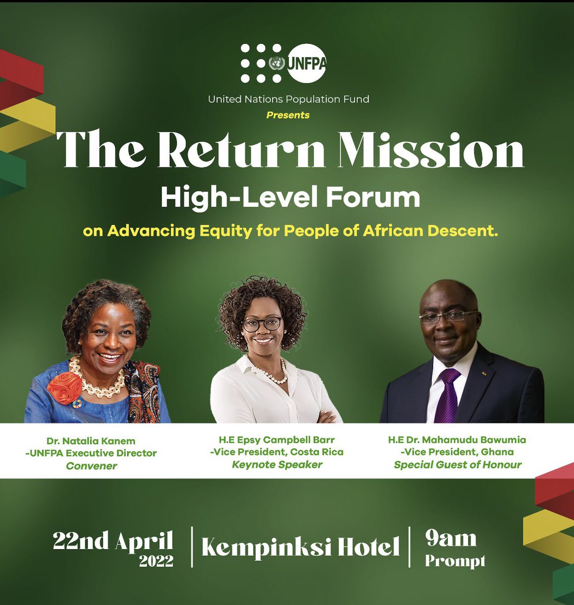 UNFPAGhana's tweet photo. Day 4 of the #ReturnMission is underway! We are wrapping it up with the High Level Diasporan Forum. Catch the live action on our social media platforms!
#StandUp4HumanRights
#beyondthereturn
#forthegoodofghana https://t.co/M1FBv9XP5z