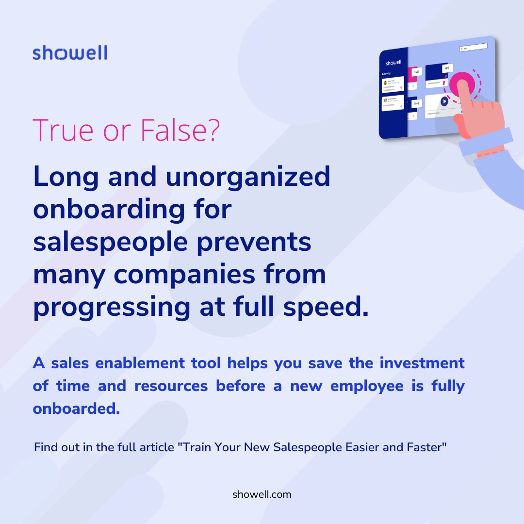 Onboarding processes that are streamlined and quick are a priority for businesses. 
Showell, a sales enablement tool, helps salespeople and dealer networks minimize and optimize their onboarding times.

Read the full article here: bit.ly/3vyIRlL

#salesenablement