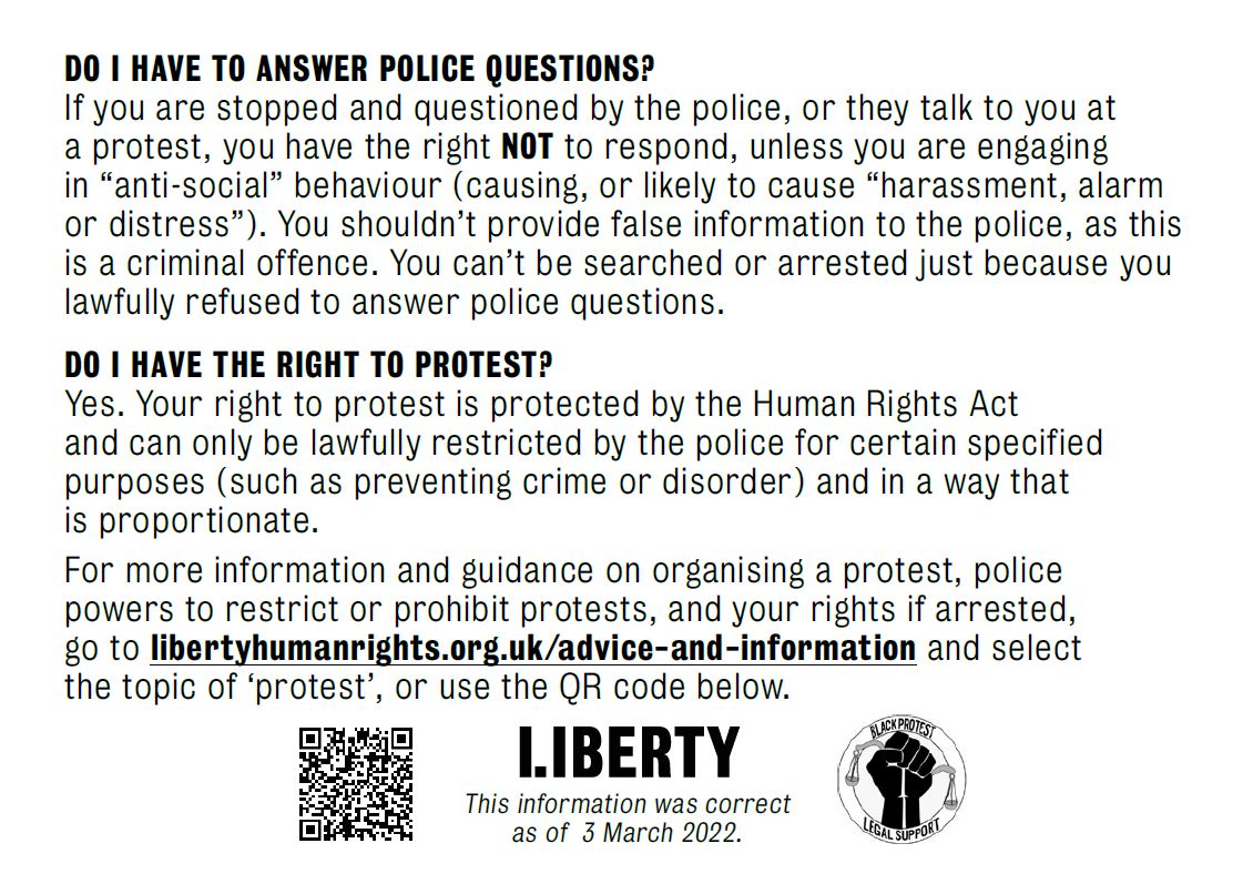 libertyhq's tweet photo. If you're protesting this weekend:
KNOW YOUR RIGHTS
KNOW THE RISKS
STAY SAFE

📲SAVE these legal advice cards
📡SHARE them with other protesters
🖊️WRITE phone numbers on your arm
🦺FIND Legal Observers for assistance https://t.co/R2Hv7Kg2uA