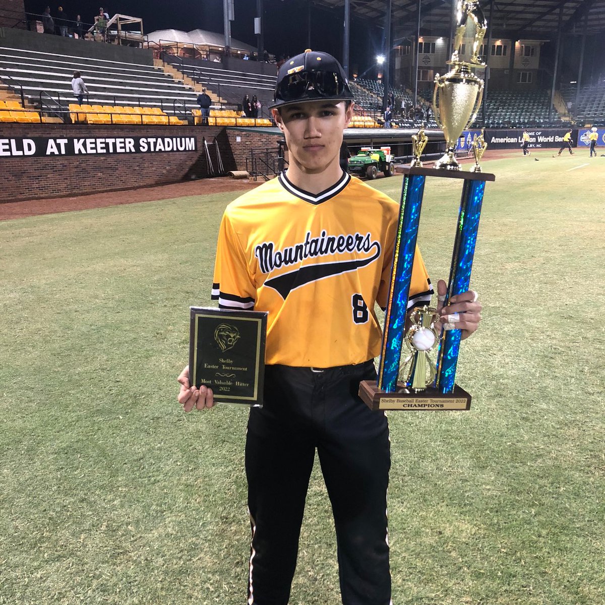 NCPost100's tweet photo. Getting back into the swing of tweeting, saw this &amp; wanted to share. 
@BaseballKm won the Shelby Easter Tourn. 
Jacob @Ham80n3 Hamrick named Offensive MVP. Jacob also wore #8 on the @NCPost100 Sr Team. 
Congrats to Jacob!
Photo credit (on left) to @BaseballKm official twitter. https://t.co/QMZa8h0heZ