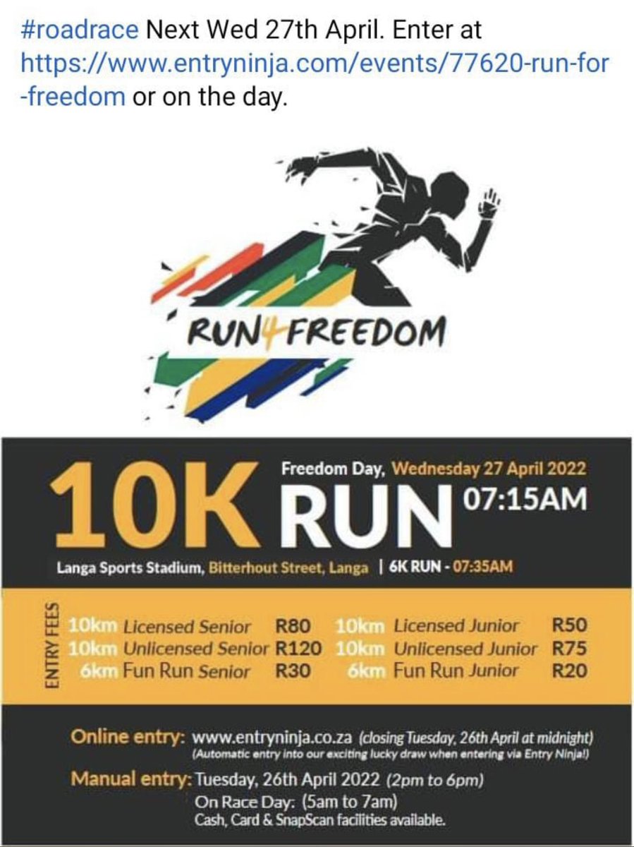 LangaAthletics's tweet photo. This Freedom Day, we invite you to join the Retail Capital Langa Running Club 10km #Run4Freedom! 🏃🏅
Join us at Langa Sports Stadium on Wednesday, 27 April 2022, at 7:15 am. Register online today to enter> https://t.co/0tUWpg89iu
#Running #FreedomDay #RetailCapital https://t.co/NenIad9CsC