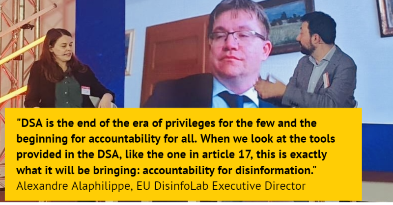 DisinfoEU's tweet photo. At #POLITICOAI yesterday, @AAlaphilippe engaged with @clothildegouj and @PetrOcko on how the upcoming #DigitalServicesAct will tackle online #disinformation and bring more accountability! https://t.co/NkoP5tnJsD