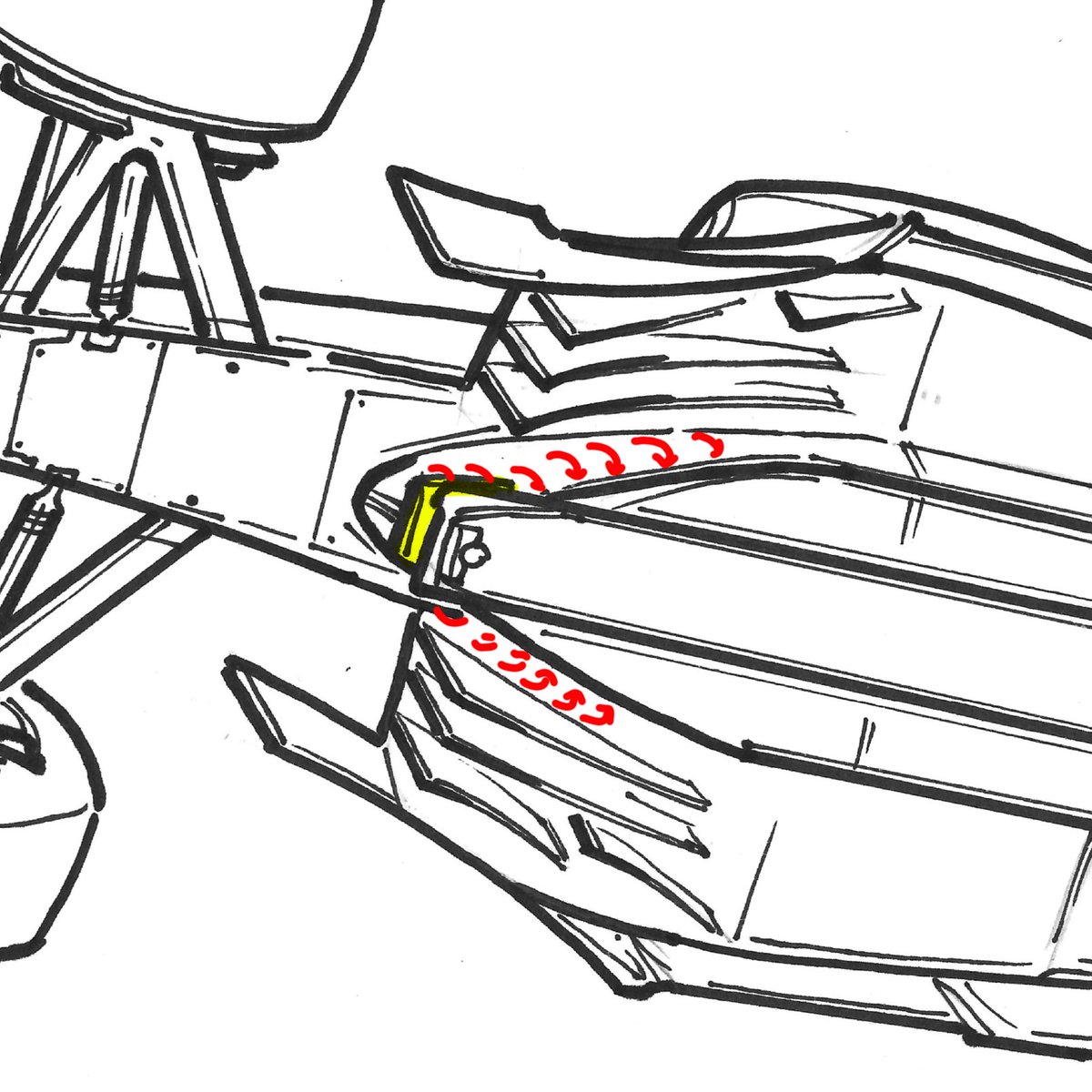 ScarbsTech's tweet photo. Red Bull have copied the Aston Martin bib wing (as did Ferrari).
The upturned wing on the bib above the T-tray create a vortex that rolls along the step under the floor. Increasing downforce. 
Photo @SalaStampRacing https://t.co/JMfuxN3vNR