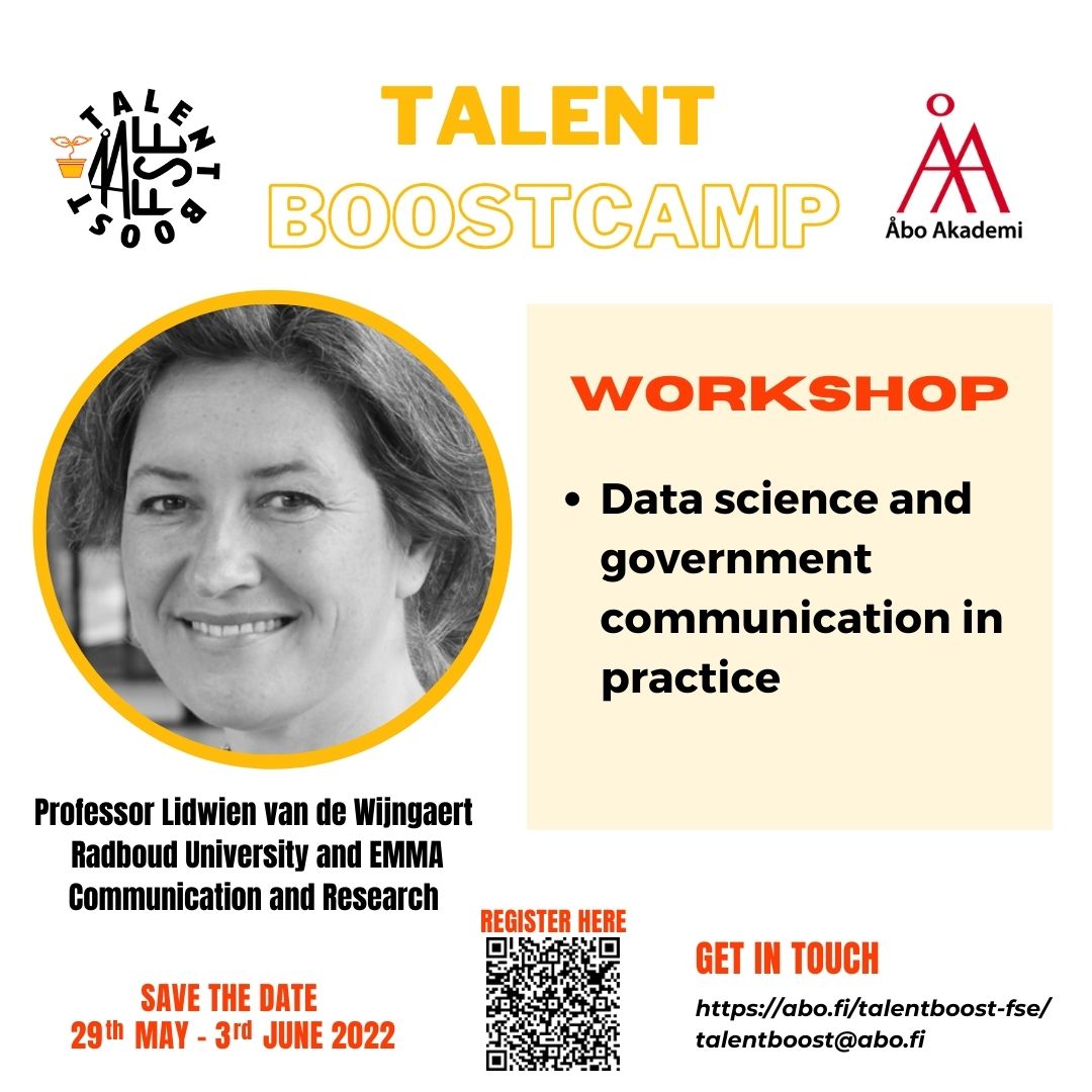 Talent Boostcamp 2022!

Professor Dr. Lidwien van de Wijngaert has been working as a professor of Communication in Organizations at Radboud University’s Faculty of Arts since August 2016

She will be imparting a workshop about Data Science and Government Communication in Practice