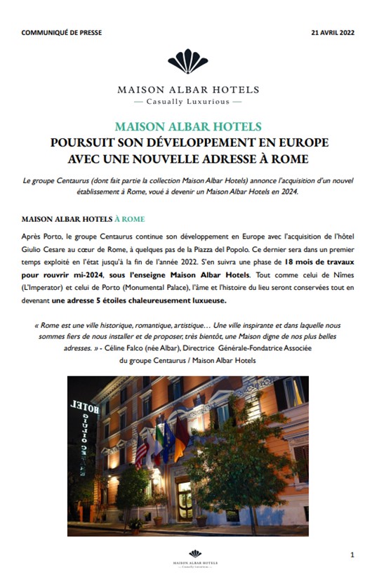 GroupeCentaurus's tweet image. Le groupe CENTAURUS continue son développement en Europe avec l’acquisition d&apos;un nouvel établissement à Rome, voué à devenir un @Maison_Albar Hotels en 2024. 

Découvrez le communiqué de presse ci-dessous !

#hotels #europe #rome #luxuryhotel #tourisme #travel