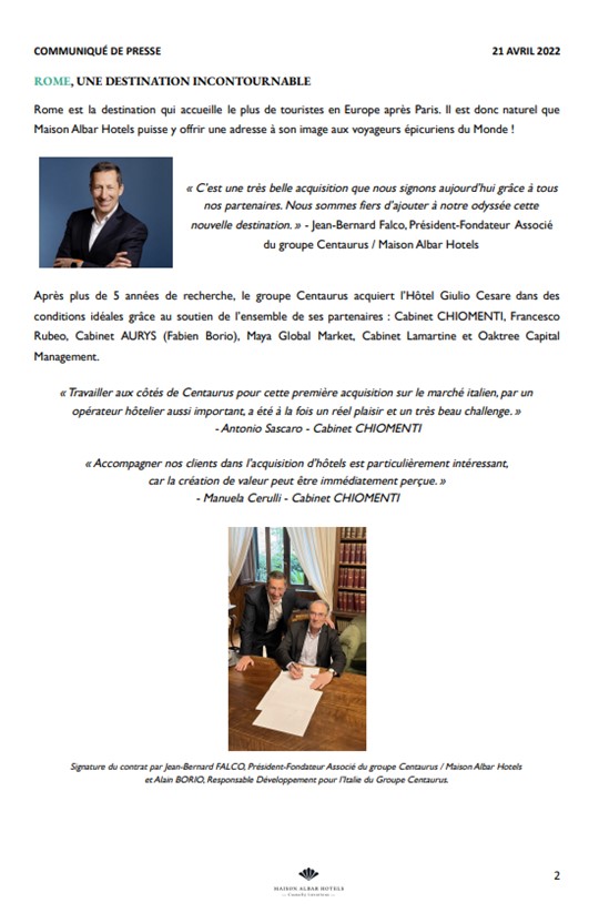 GroupeCentaurus's tweet image. Le groupe CENTAURUS continue son développement en Europe avec l’acquisition d&apos;un nouvel établissement à Rome, voué à devenir un @Maison_Albar Hotels en 2024. 

Découvrez le communiqué de presse ci-dessous !

#hotels #europe #rome #luxuryhotel #tourisme #travel