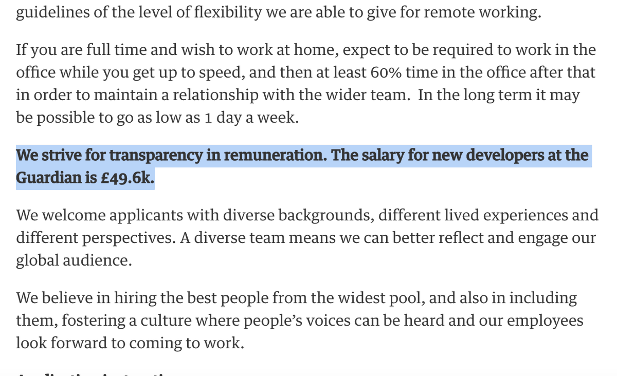 PostThePay's tweet photo. today's #Postthepay spotlight is on the @guardian. for editorial jobs in their newsroom, the salary is not mentioned in job postings. but interestingly, for developer roles, the pay will often be stated, and it may say something like this: https://t.co/EC2t1rZlLk