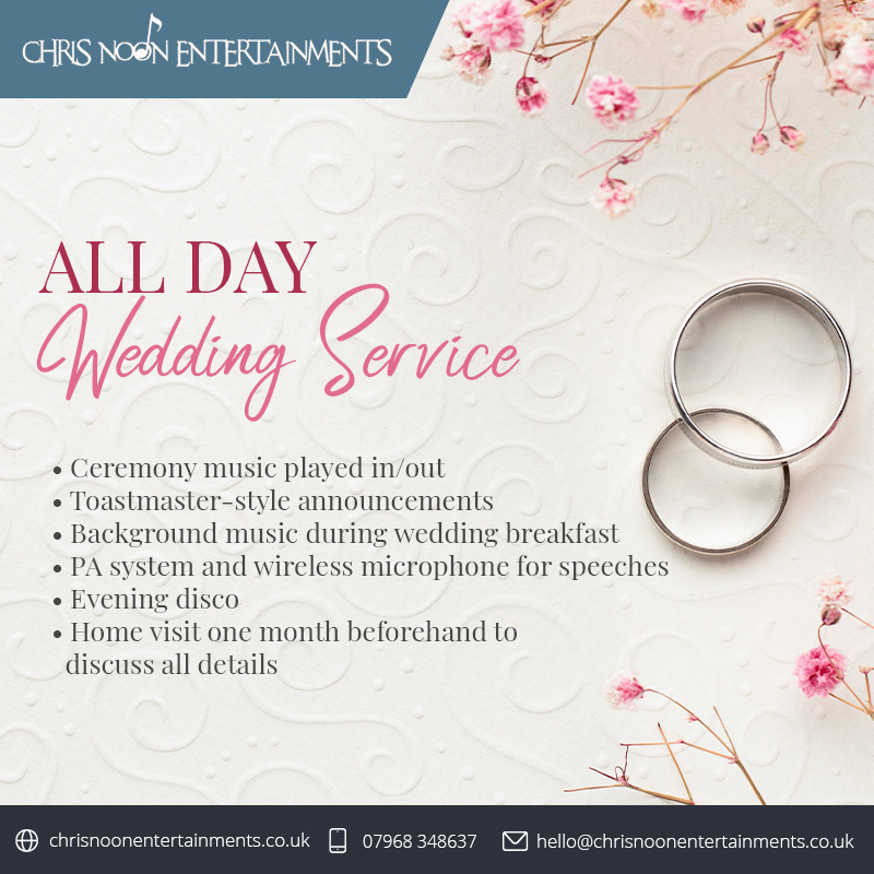 ChrisNoonEnts's tweet photo. Allow Chris Noon Entertainments to relieve some of your 'big day' stresses with our ALL DAY WEDDING SERVICE! With a whole host of benefits, it's one less thing to worry about.

Get in touch today - https://t.co/km0RzOuCkP https://t.co/Yf6r90LUgX
